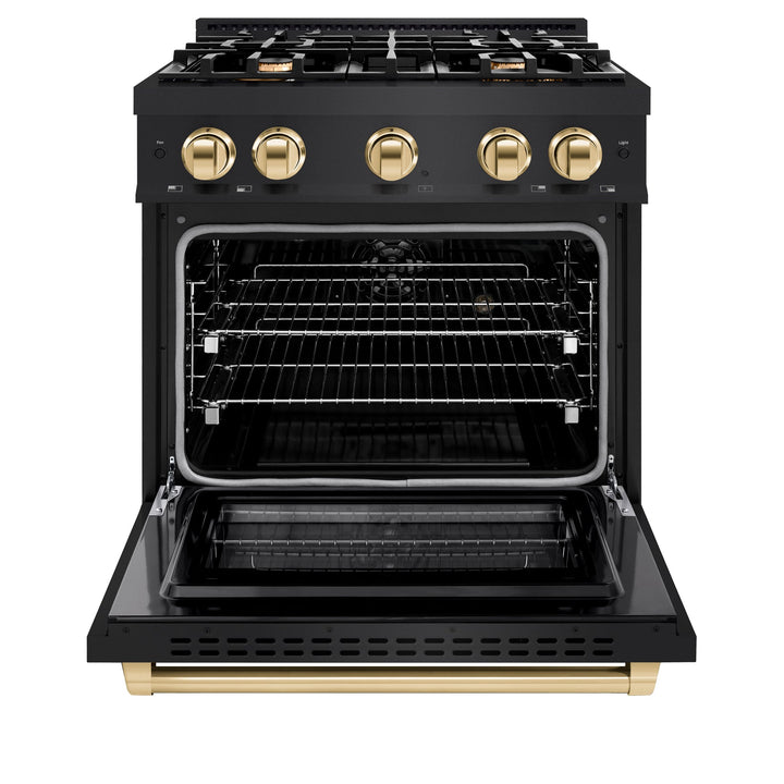 ZLINE Autograph Edition 30" 4.2 cu. ft. Select Dual Fuel Range with 4 Burners in Black Stainless Steel with Polished Gold Accents, HDRBZ-30-G