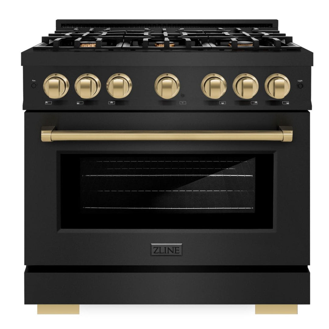 ZLINE Autograph Edition 36" 5.2 cu. ft. Select Dual Fuel Range with 6 Burners in Black Stainless Steel with Champagne Bronze Accents, HDRBZ-36-CB