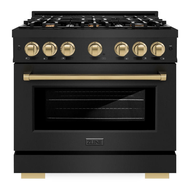 ZLINE Autograph Edition 36" 5.2 cu. ft. Select Dual Fuel Range with 6 Burners in Black Stainless Steel with Champagne Bronze Accents, HDRBZ-36-CB