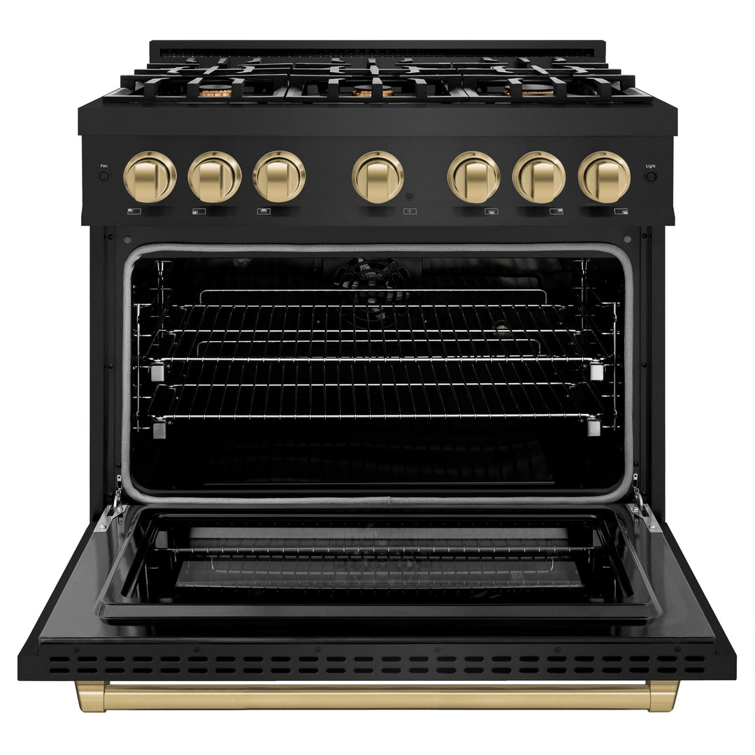 ZLINE Autograph Edition 36" 5.2 cu. ft. Select Dual Fuel Range with 6 Burners in Black Stainless Steel with Champagne Bronze Accents, HDRBZ-36-CB