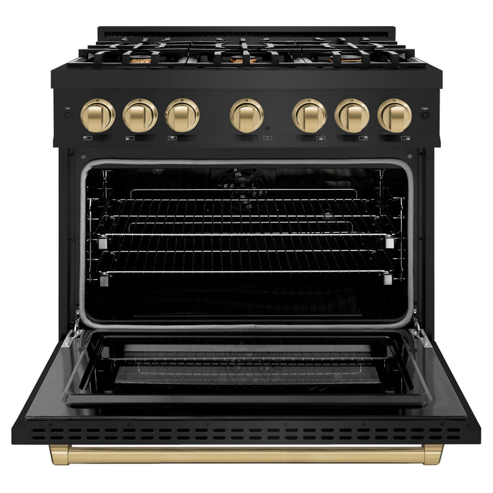 ZLINE Autograph Edition 36" 5.2 cu. ft. Select Dual Fuel Range with 6 Burners in Black Stainless Steel with Champagne Bronze Accents, HDRBZ-36-CB