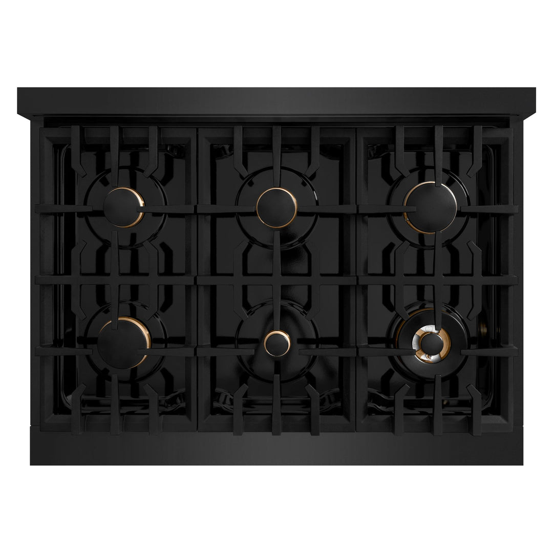 ZLINE Autograph Edition 36" 5.2 cu. ft. Select Dual Fuel Range with 6 Burners in Black Stainless Steel with Champagne Bronze Accents, HDRBZ-36-CB