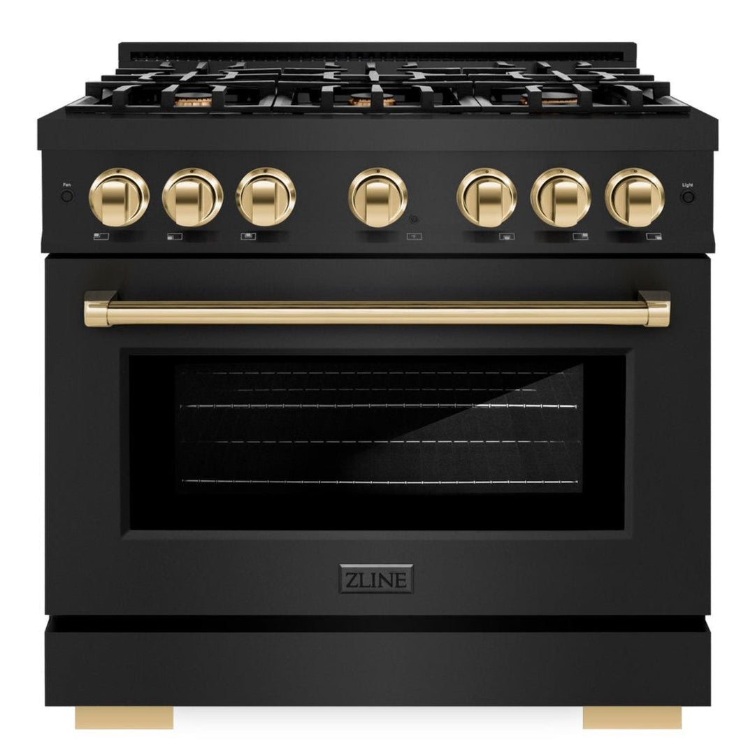 ZLINE Autograph Edition 36" 5.2 cu. ft. Select Dual Fuel Range with 6 Burners in Black Stainless Steel with Polished Gold Accents, HDRBZ-36-G