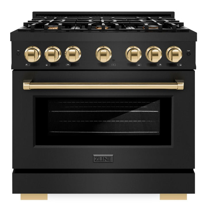 ZLINE Autograph Edition 36" 5.2 cu. ft. Select Dual Fuel Range with 6 Burners in Black Stainless Steel with Polished Gold Accents, HDRBZ-36-G