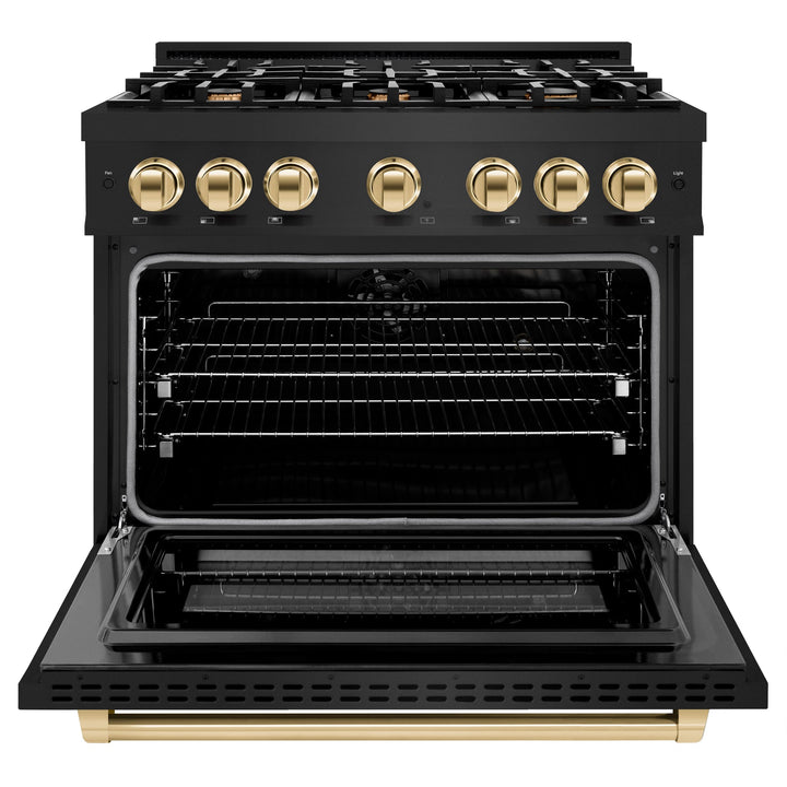 ZLINE Autograph Edition 36" 5.2 cu. ft. Select Dual Fuel Range with 6 Burners in Black Stainless Steel with Polished Gold Accents, HDRBZ-36-G