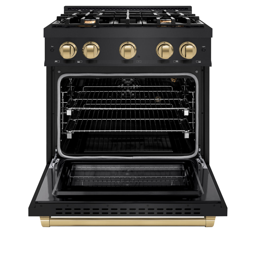 ZLINE Autograph Edition 30" 4.2 cu. ft. Select Gas Range with 4 Burners in Black Stainless Steel and Champagne Bronze Accents, HGRBZ-30-CB