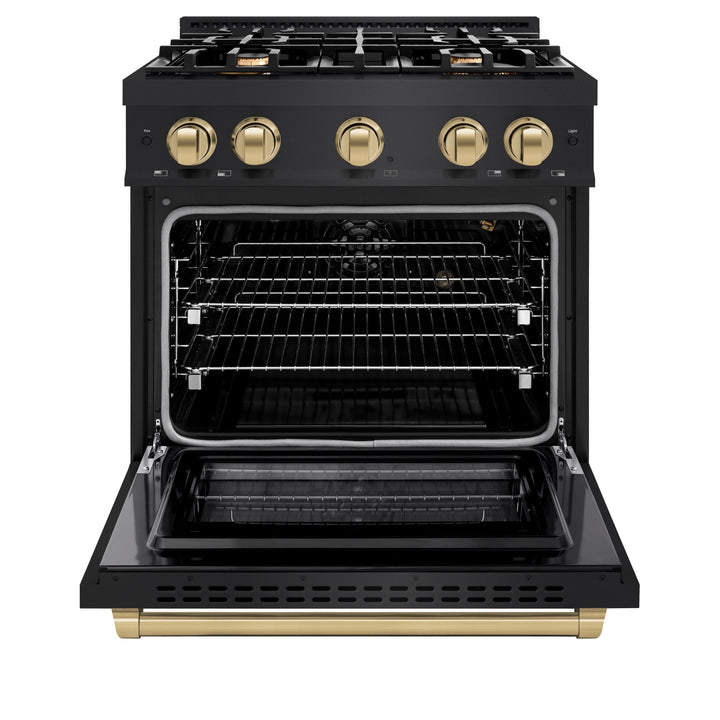 ZLINE Autograph Edition 30" 4.2 cu. ft. Select Gas Range with 4 Burners in Black Stainless Steel and Champagne Bronze Accents, HGRBZ-30-CB