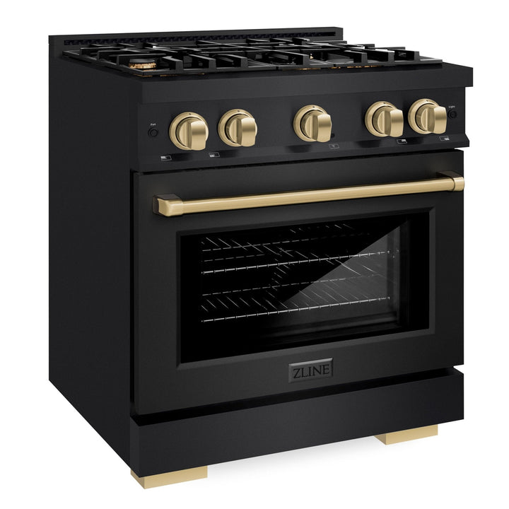 ZLINE Autograph Edition 30" 4.2 cu. ft. Select Gas Range with 4 Burners in Black Stainless Steel and Champagne Bronze Accents, HGRBZ-30-CB
