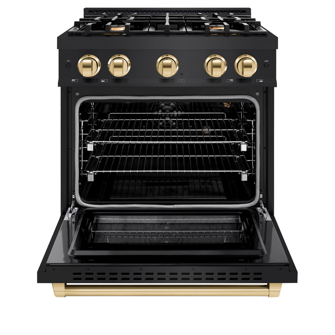 ZLINE Autograph Edition 30" 4.2 cu. ft. Select Gas Range with 4 Burners in Black Stainless Steel and Polished Gold Accents, HGRBZ-30-G