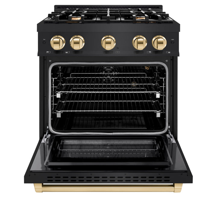 ZLINE Autograph Edition 30" 4.2 cu. ft. Select Gas Range with 4 Burners in Black Stainless Steel and Polished Gold Accents, HGRBZ-30-G