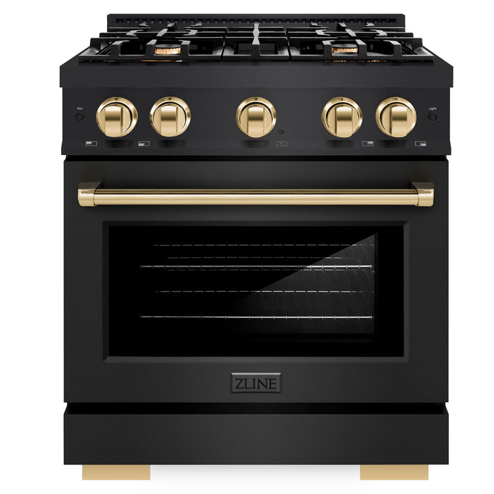 ZLINE Autograph Edition 30" 4.2 cu. ft. Select Gas Range with 4 Burners in Black Stainless Steel and Polished Gold Accents, HGRBZ-30-G