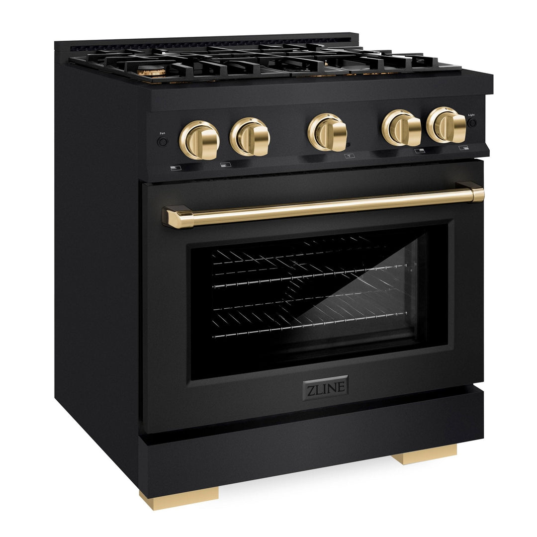 ZLINE Autograph Edition 30" 4.2 cu. ft. Select Gas Range with 4 Burners in Black Stainless Steel and Polished Gold Accents, HGRBZ-30-G