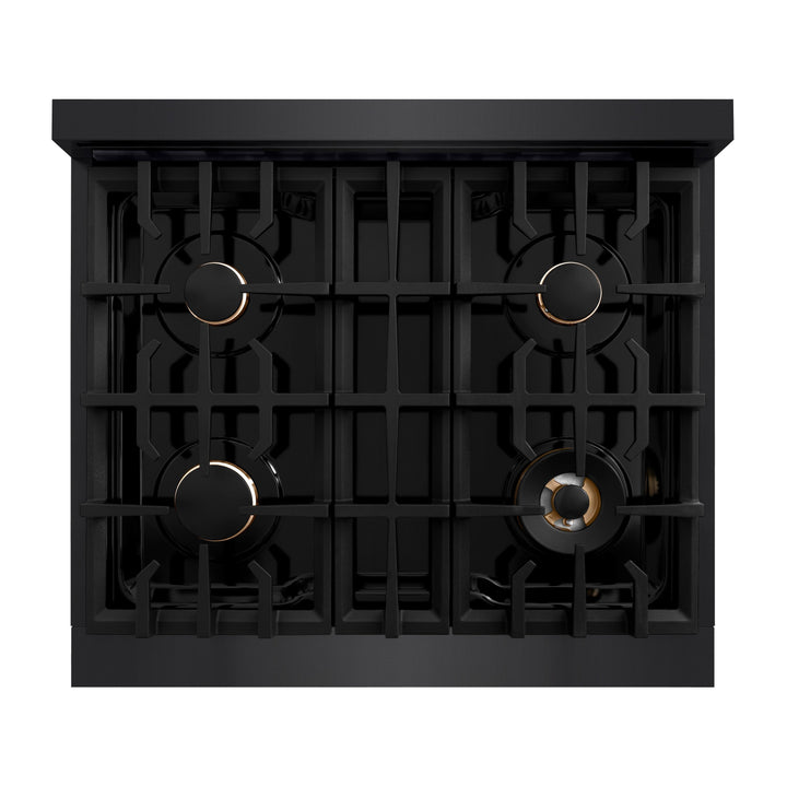 ZLINE Autograph Edition 30" 4.2 cu. ft. Select Gas Range with 4 Burners in Black Stainless Steel and Polished Gold Accents, HGRBZ-30-G
