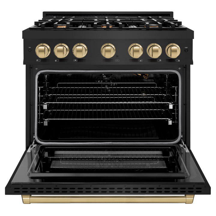 ZLINE Autograph Edition 36" 5.2 cu. ft. Select Gas Range with 6 Burners in Black Stainless Steel and Champagne Bronze Accents, HGRBZ-36-CB