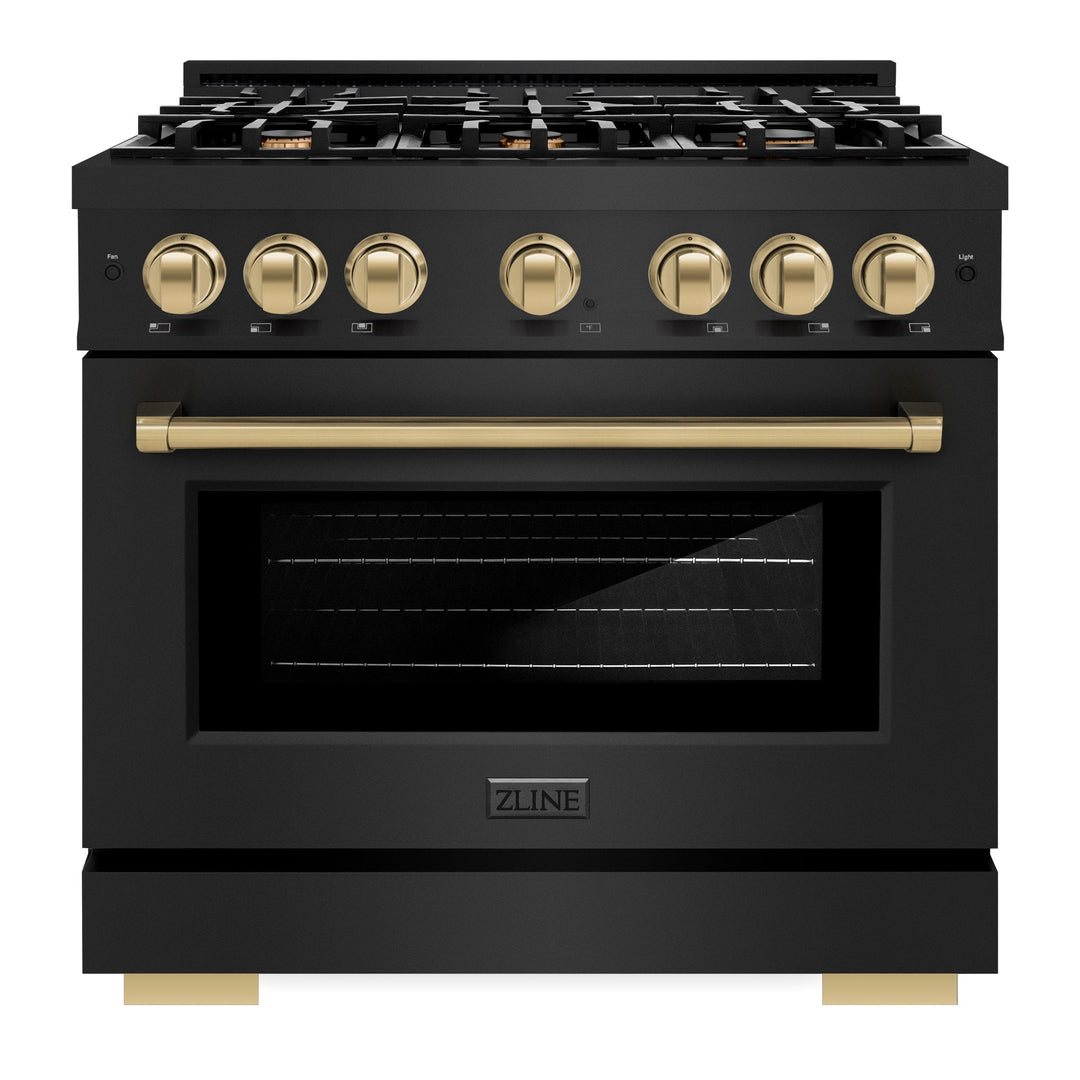 ZLINE Autograph Edition 36" 5.2 cu. ft. Select Gas Range with 6 Burners in Black Stainless Steel and Champagne Bronze Accents, HGRBZ-36-CB