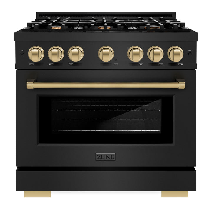 ZLINE Autograph Edition 36" 5.2 cu. ft. Select Gas Range with 6 Burners in Black Stainless Steel and Champagne Bronze Accents, HGRBZ-36-CB