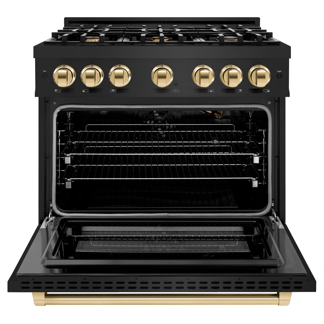 ZLINE Autograph Edition 36" 5.2 cu. ft. Select Gas Range with 6 Burners in Black Stainless Steel and Polished Gold Accents, HGRBZ-36-G