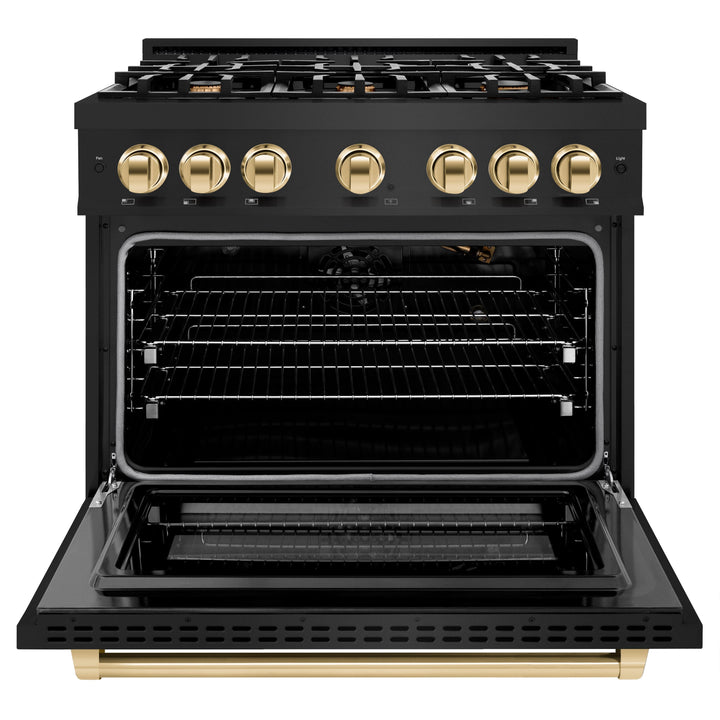 ZLINE Autograph Edition 36" 5.2 cu. ft. Select Gas Range with 6 Burners in Black Stainless Steel and Polished Gold Accents, HGRBZ-36-G