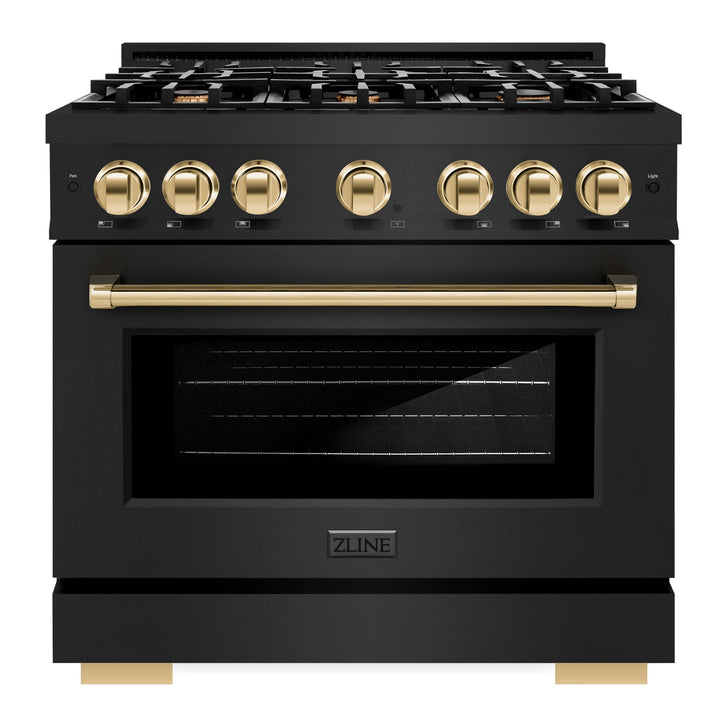 ZLINE Autograph Edition 36" 5.2 cu. ft. Select Gas Range with 6 Burners in Black Stainless Steel and Polished Gold Accents, HGRBZ-36-G