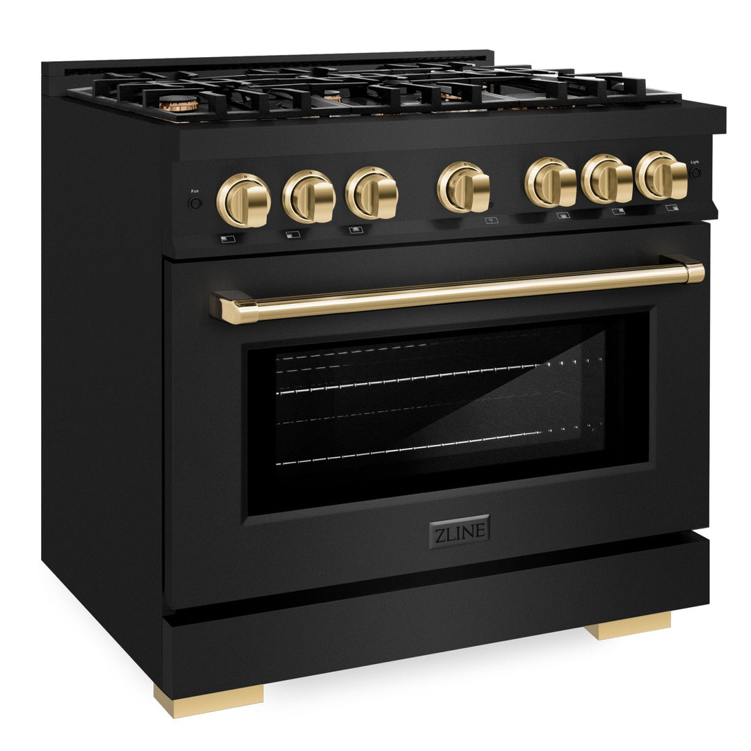 ZLINE Autograph Edition 36" 5.2 cu. ft. Select Gas Range with 6 Burners in Black Stainless Steel and Polished Gold Accents, HGRBZ-36-G