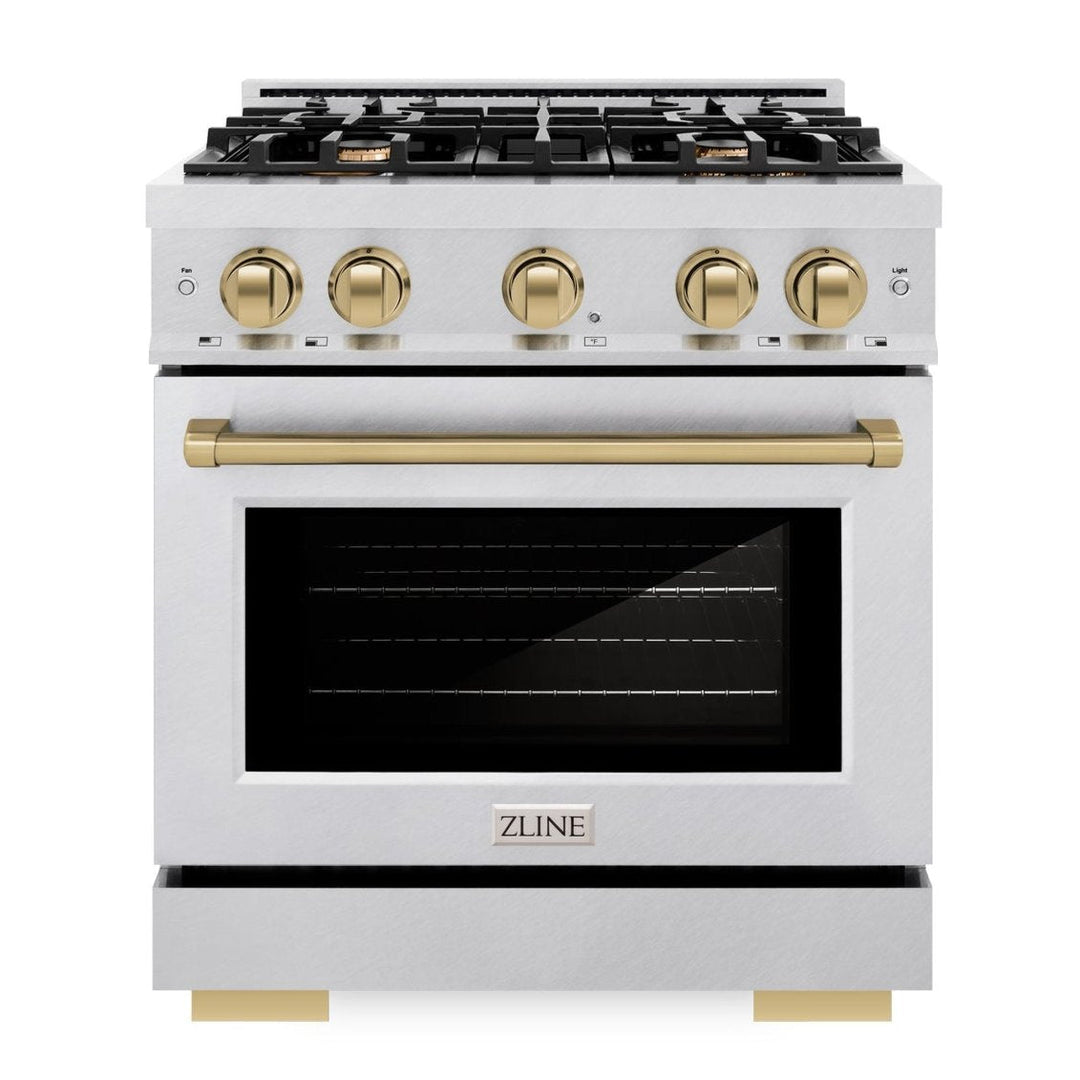 ZLINE Autograph Edition 30" 4.2 cu. ft. Select Dual Fuel Range with 4 Burners in DuraSnow® Stainless Steel with Champagne Bronze Accents, HDRSZ-30-CB