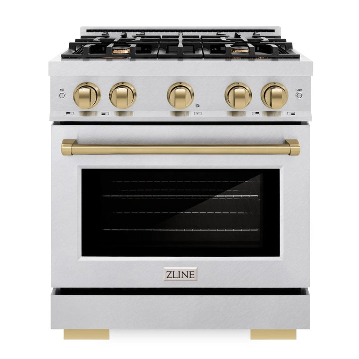 ZLINE Autograph Edition 30" 4.2 cu. ft. Select Dual Fuel Range with 4 Burners in DuraSnow® Stainless Steel with Champagne Bronze Accents, HDRSZ-30-CB