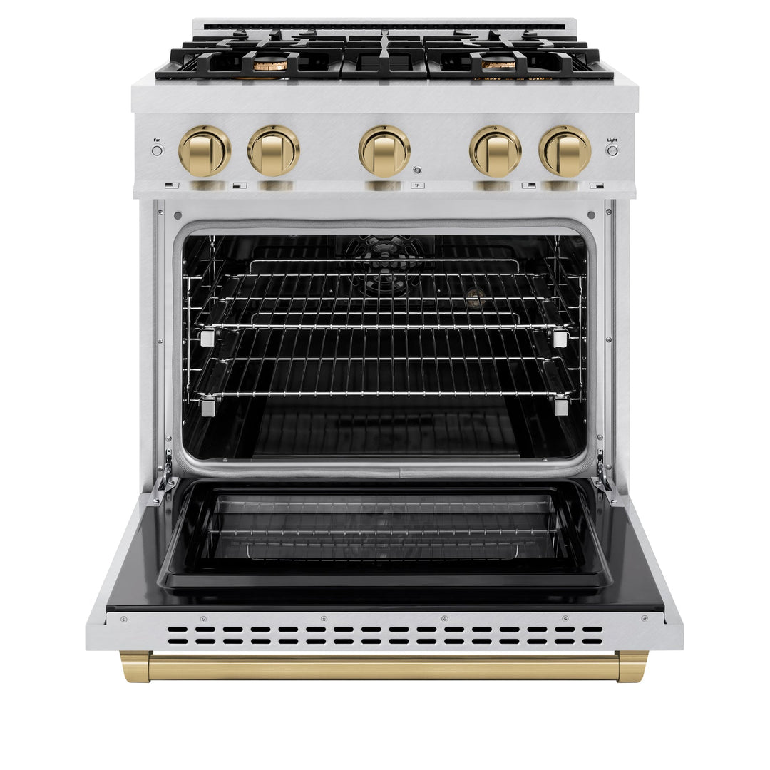 ZLINE Autograph Edition 30" 4.2 cu. ft. Select Dual Fuel Range with 4 Burners in DuraSnow® Stainless Steel with Champagne Bronze Accents, HDRSZ-30-CB