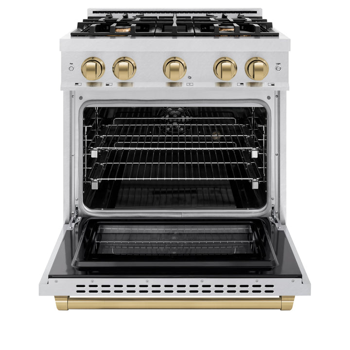 ZLINE Autograph Edition 30" 4.2 cu. ft. Select Dual Fuel Range with 4 Burners in DuraSnow® Stainless Steel with Champagne Bronze Accents, HDRSZ-30-CB