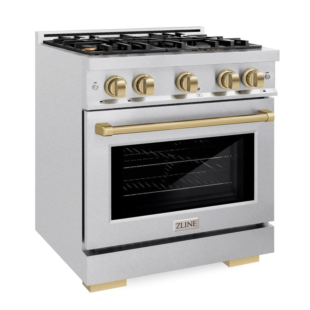 ZLINE Autograph Edition 30" 4.2 cu. ft. Select Dual Fuel Range with 4 Burners in DuraSnow® Stainless Steel with Champagne Bronze Accents, HDRSZ-30-CB