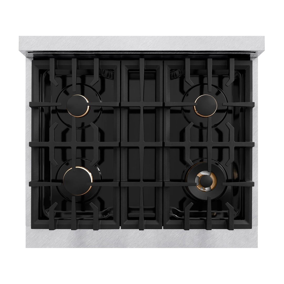 ZLINE Autograph Edition 30" 4.2 cu. ft. Select Dual Fuel Range with 4 Burners in DuraSnow® Stainless Steel with Champagne Bronze Accents, HDRSZ-30-CB