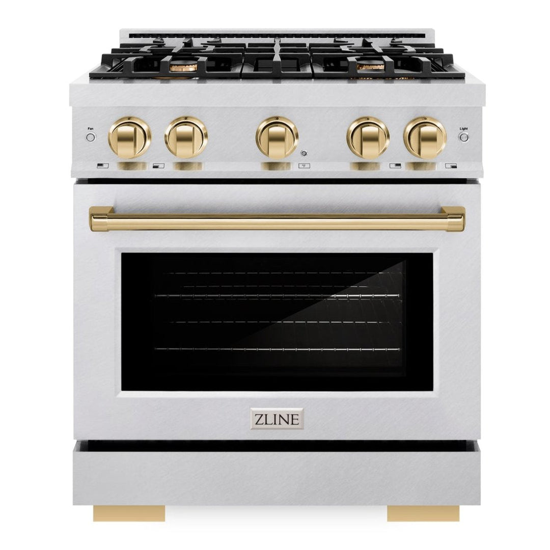 ZLINE Autograph Edition 30" 4.2 cu. ft. Select Dual Fuel Range with 4 Burners in DuraSnow® Stainless Steel with Polished Gold Accents, HDRSZ-30-G
