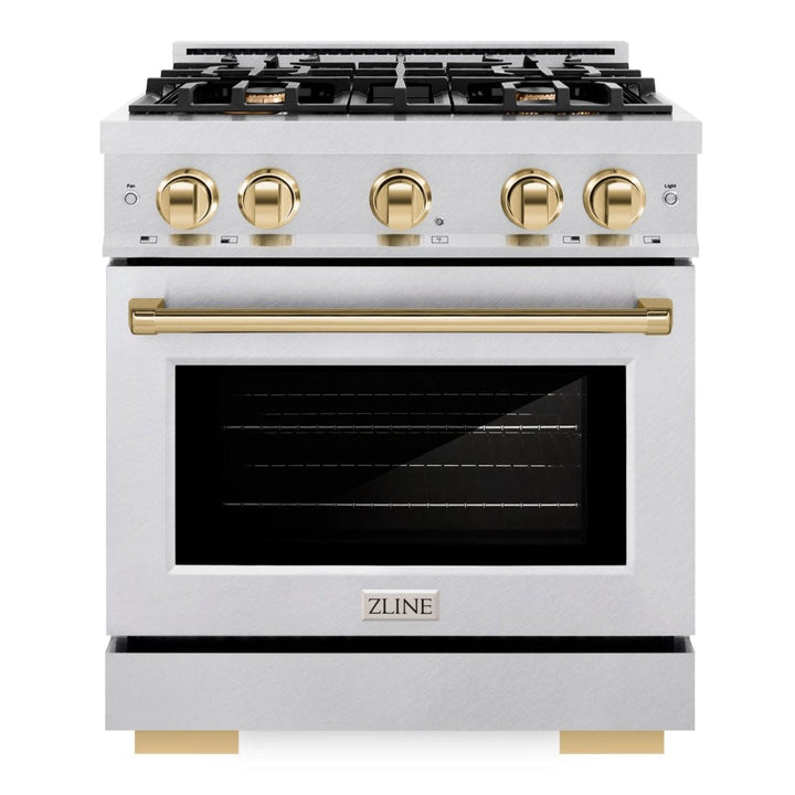 ZLINE Autograph Edition 30" 4.2 cu. ft. Select Dual Fuel Range with 4 Burners in DuraSnow® Stainless Steel with Polished Gold Accents, HDRSZ-30-G