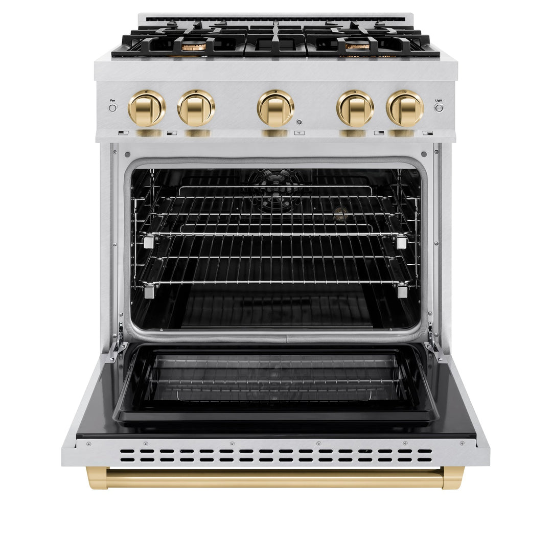 ZLINE Autograph Edition 30" 4.2 cu. ft. Select Dual Fuel Range with 4 Burners in DuraSnow® Stainless Steel with Polished Gold Accents, HDRSZ-30-G
