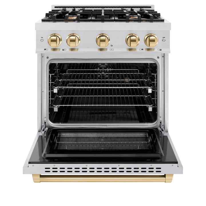ZLINE Autograph Edition 30" 4.2 cu. ft. Select Dual Fuel Range with 4 Burners in DuraSnow® Stainless Steel with Polished Gold Accents, HDRSZ-30-G