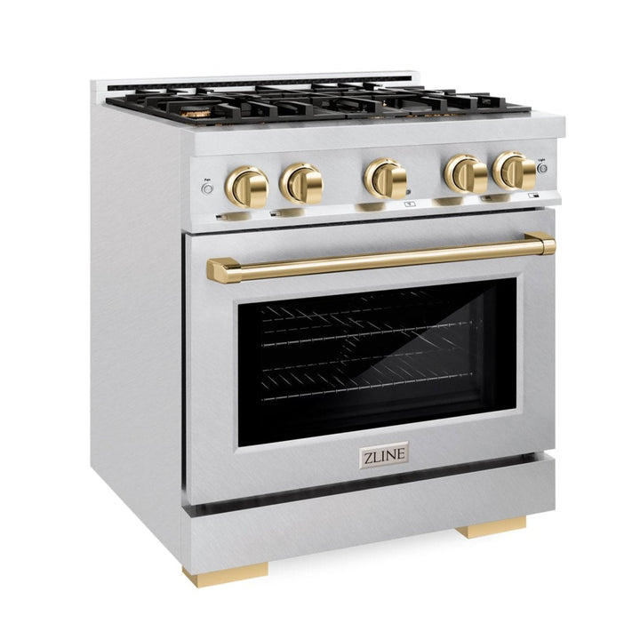 ZLINE Autograph Edition 30" 4.2 cu. ft. Select Dual Fuel Range with 4 Burners in DuraSnow® Stainless Steel with Polished Gold Accents, HDRSZ-30-G