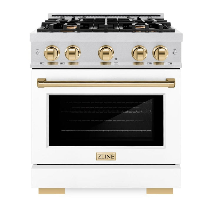 ZLINE Autograph Edition 30" 4.2 cu. ft. Select Dual Fuel Range with 4 Burners in DuraSnow® Stainless Steel with White Matte Door and Polished Gold Accents, HDRSZ-WM-30-G