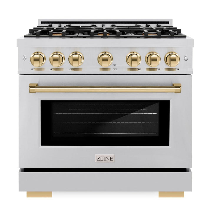 ZLINE Autograph Edition 36" 5.2 cu. ft. Select Dual Fuel Range with 6 Burners in Stainless Steel with Polished Gold Accents, HDRZ-36-G