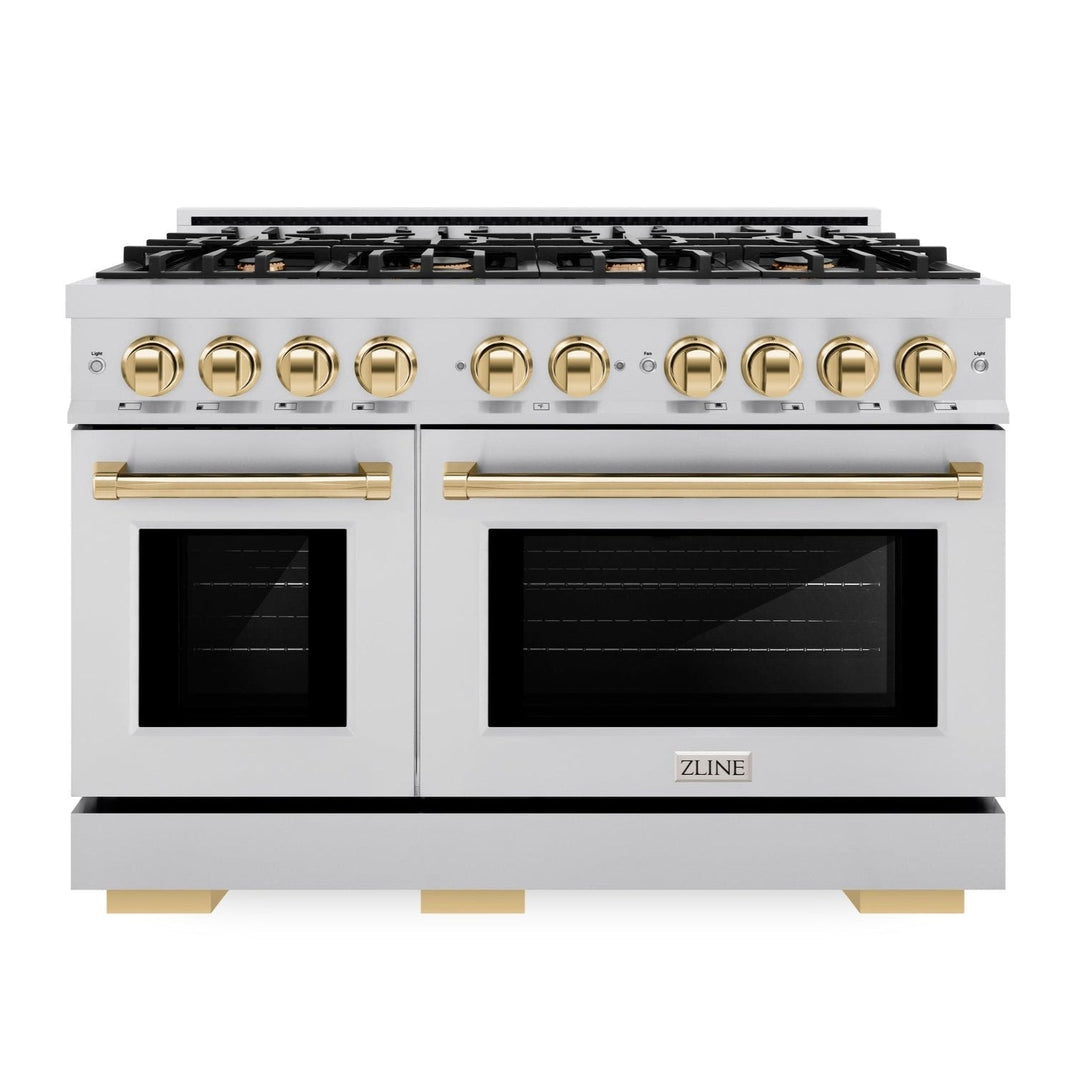 ZLINE Autograph Edition 48" 6.7 cu. ft. Select Double Oven Dual Fuel Range with 8 Burners in Stainless Steel and Polished Gold Accents, HDRZ-48-G