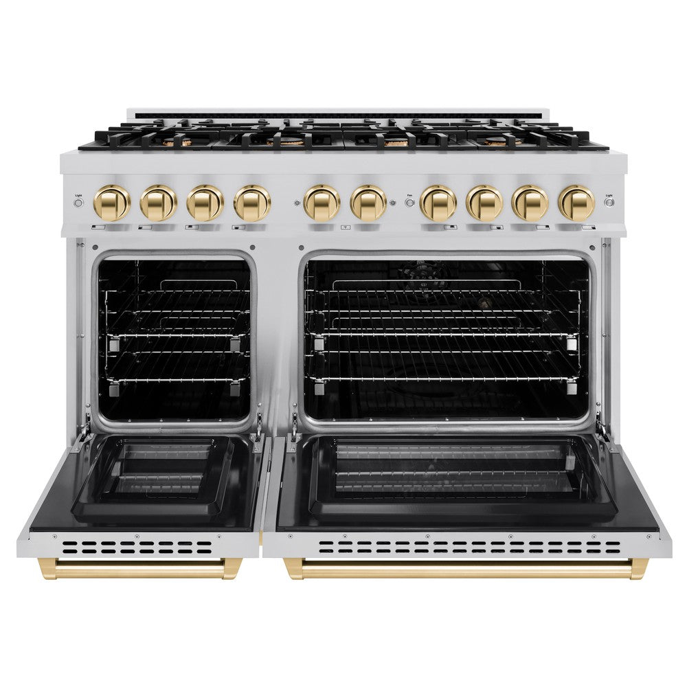 ZLINE Autograph Edition 48" 6.7 cu. ft. Select Double Oven Dual Fuel Range with 8 Burners in Stainless Steel and Polished Gold Accents, HDRZ-48-G