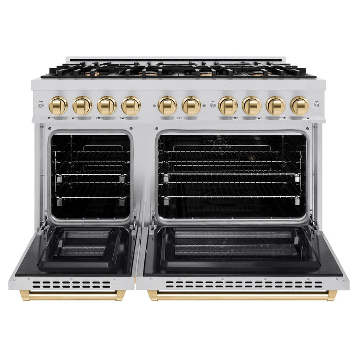 ZLINE Autograph Edition 48" 6.7 cu. ft. Select Double Oven Dual Fuel Range with 8 Burners in Stainless Steel and Polished Gold Accents, HDRZ-48-G