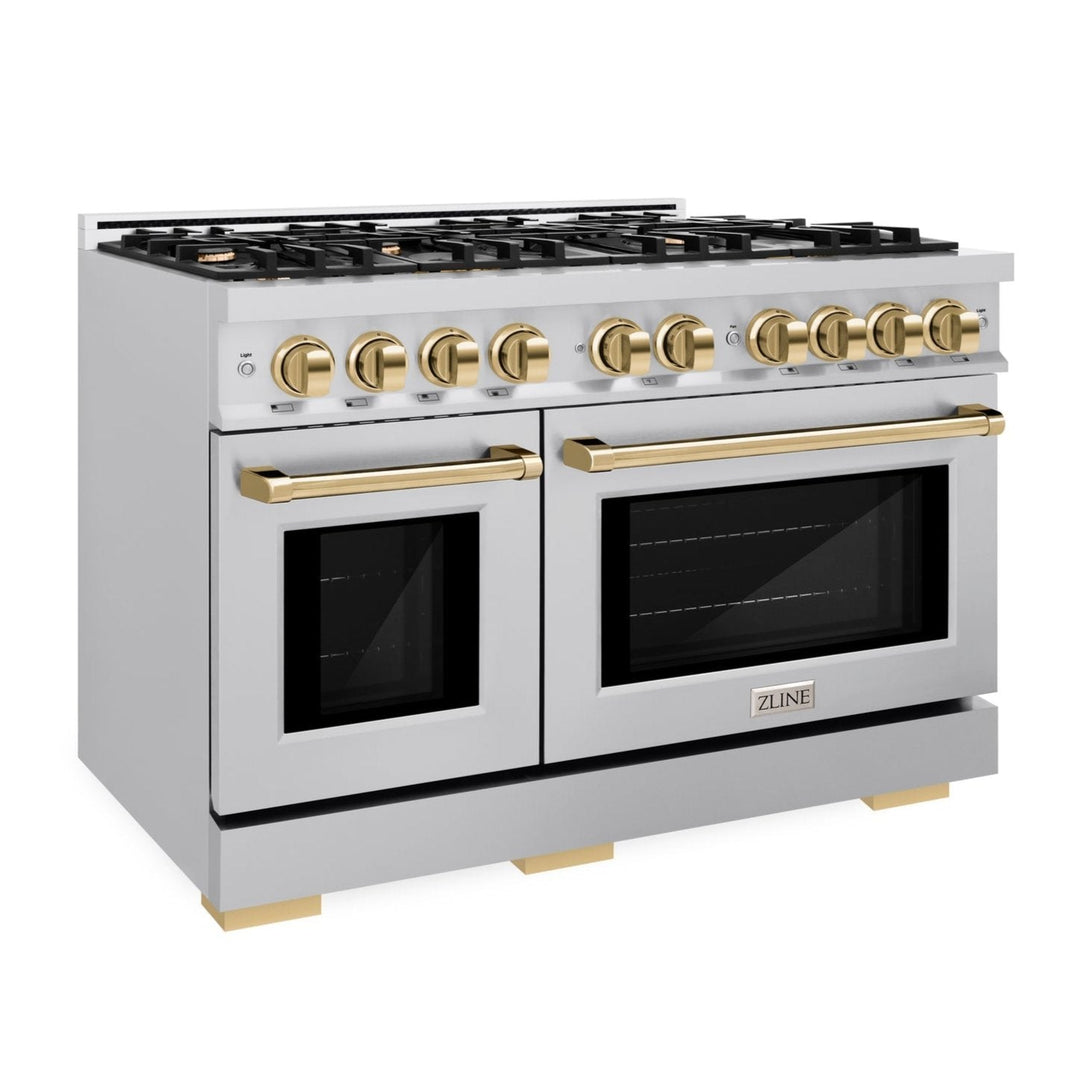 ZLINE Autograph Edition 48" 6.7 cu. ft. Select Double Oven Dual Fuel Range with 8 Burners in Stainless Steel and Polished Gold Accents, HDRZ-48-G