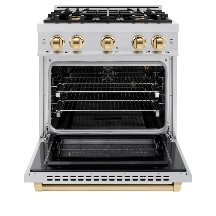 ZLINE Autograph Edition 30" 4.2 cu. ft. Select Gas Range with 4 Burners in Stainless Steel and Polished Gold Accents, HGRZ-30-G