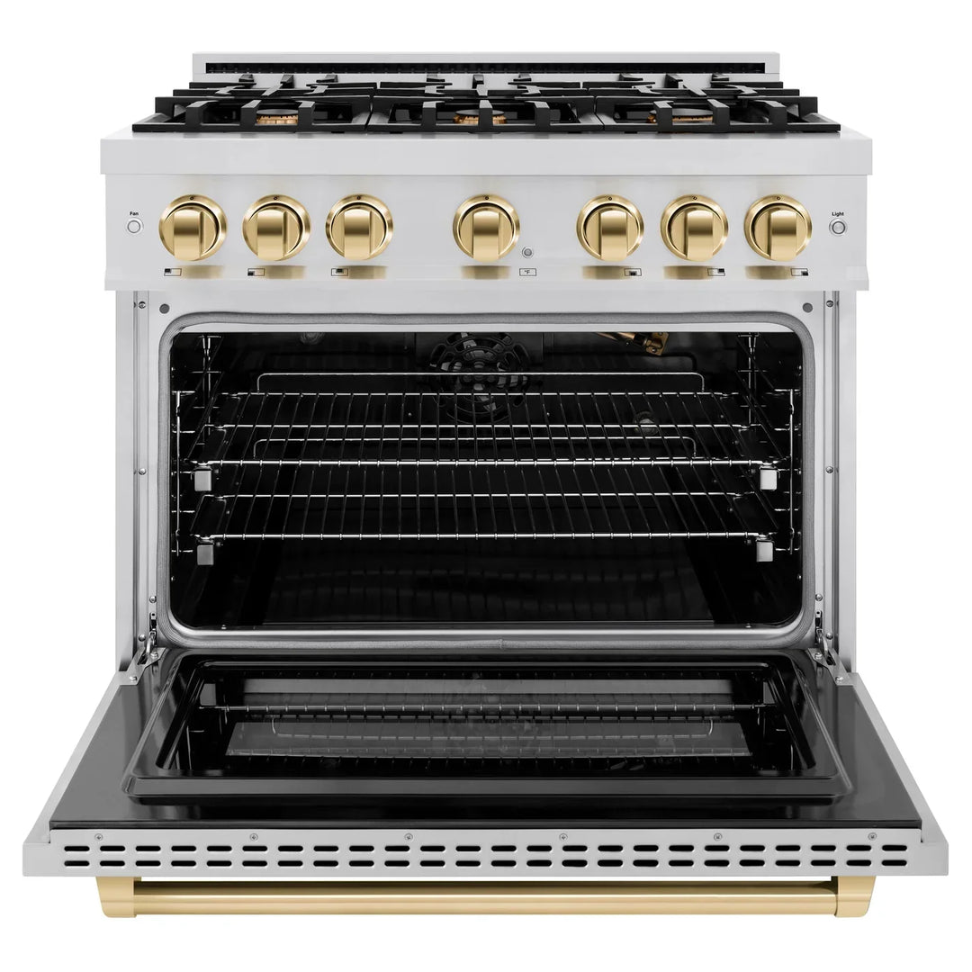 ZLINE Autograph Edition 36" 5.2 cu. ft. Select Gas Range with 6 Burners in Stainless Steel and Polished Gold Accents, HGRZ-36-G