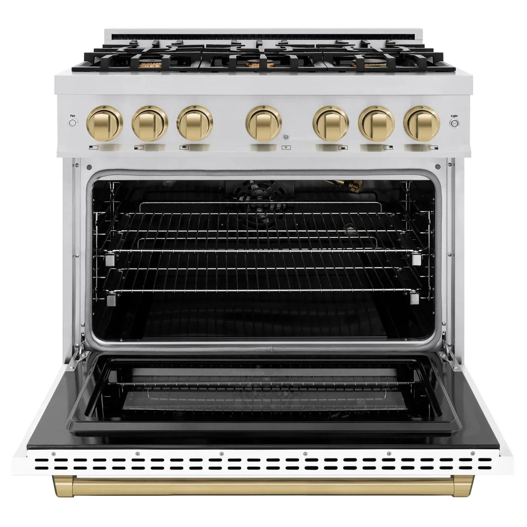 ZLINE Autograph Edition 36" 5.2 cu. ft. Select Gas Range with 6 Burners in Stainless Steel with White Matte Door and Champagne Bronze Accents, HGRZ-WM-36-CB