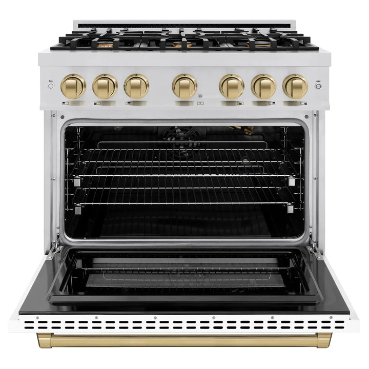 ZLINE Autograph Edition 36" 5.2 cu. ft. Select Gas Range with 6 Burners in Stainless Steel with White Matte Door and Champagne Bronze Accents, HGRZ-WM-36-CB