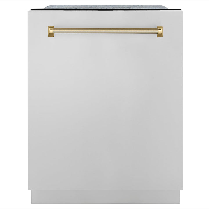 ZLINE Autograph Edition 24 in. Monument Series 3rd Rack Top Touch Control Tall Tub Dishwasher in Stainless Steel with Polished Gold Helix Handle, 45dBa (DWMTZ-30424-KG)