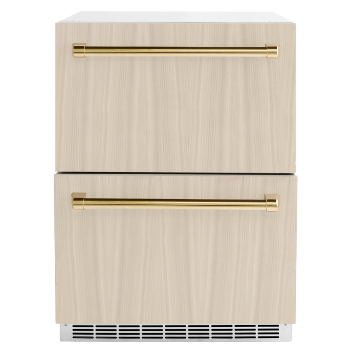 ZLINE Autograph Edition 24 in. Touchstone 168 Can Outdoor-Rated Dual Refrigerator Drawer with Panel-Ready Doors and Polished Gold Handles (RDSPOZ-24-G)