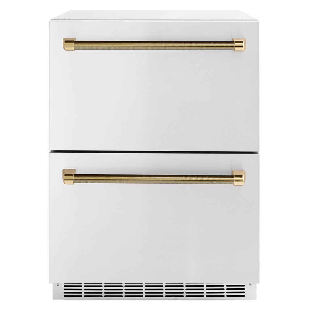 ZLINE Autograph Edition 24 in. Touchstone 168 Can Outdoor-Rated Dual Refrigerator Drawer with Stainless Steel Doors and Polished Gold Helix Handles (RDSOZ-ST-24-KG)
