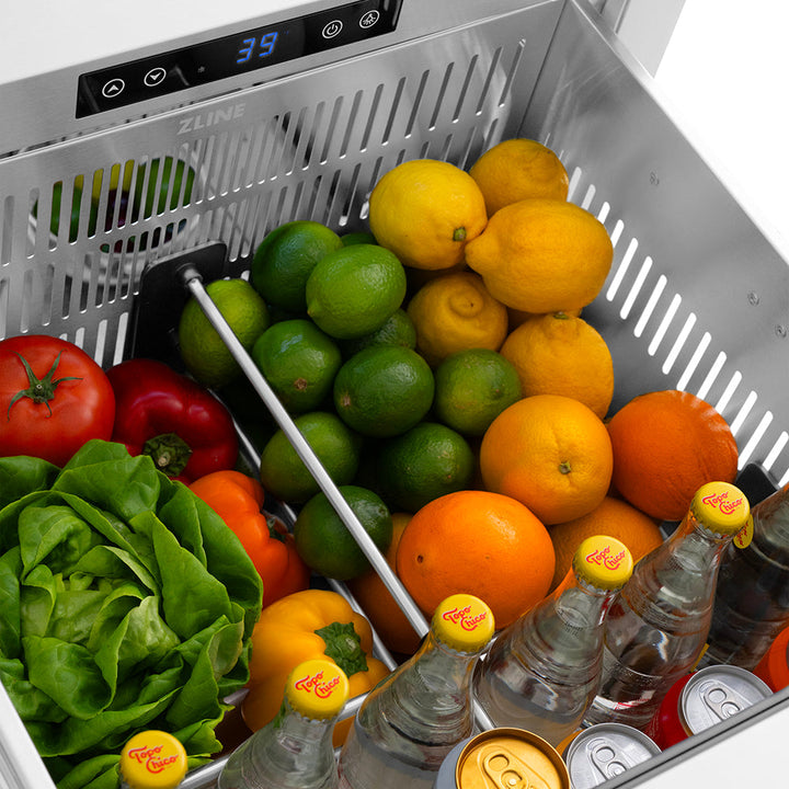 ZLINE Autograph Edition 24 in. Touchstone 168 Can Outdoor-Rated Dual Refrigerator Drawer with Stainless Steel Doors and Polished Nickel Helix Handles (RDSOZ-ST-24-KPN)