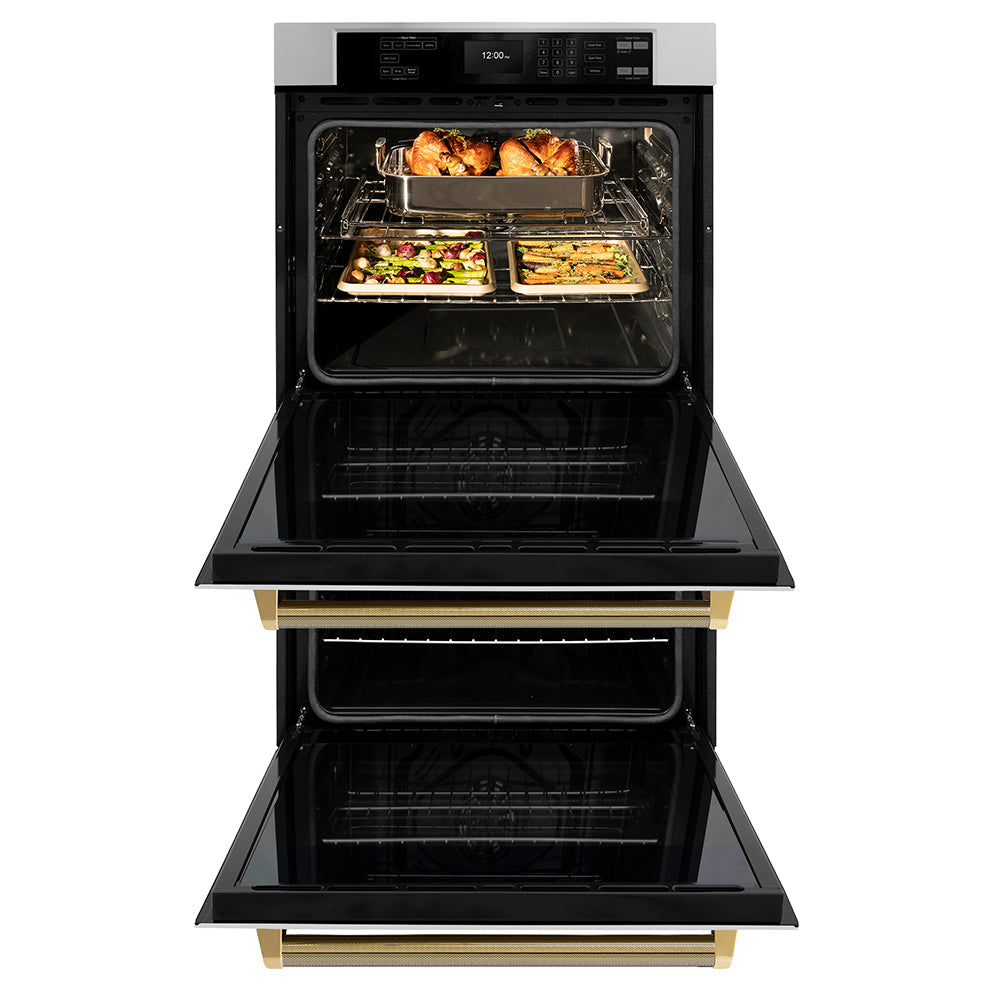 ZLINE Autograph Edition 30 in. Professional True Convection Double Wall Oven with Air Fry and Self Clean in Stainless Steel with Polished Gold Helix Handles (WADZ-30-KG)
